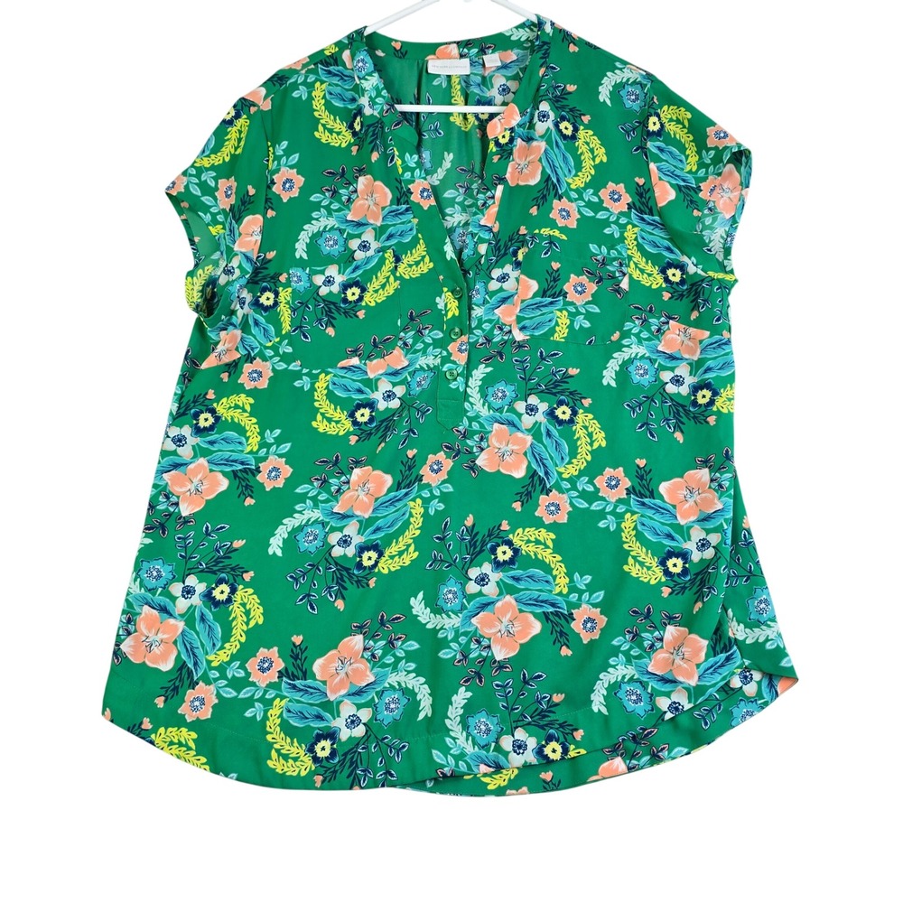 NY & CO Floral Blouse Women XL Green Pink Sleeveless Top Tropical Beach Cover Up